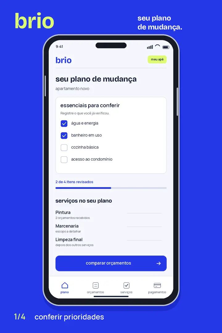 Brio em um celular, com prioridades, propostas, ordem dos serviços e pagamentos por etapa.