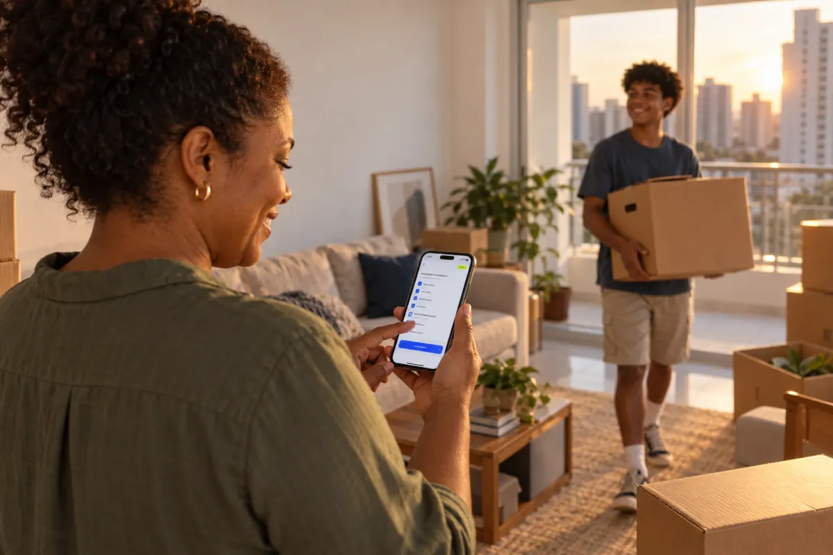 No dia da mudança, uma mulher confere a lista no celular enquanto um jovem leva caixas para dentro do apartamento.